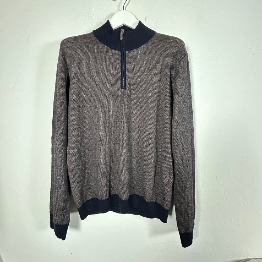 Hagen Carmel 1/4-Zip Sweater Large Merino Wool Blend Gray Navy Pullover Italian